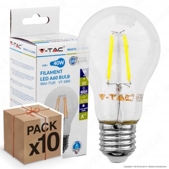 10 Lampadine LED V-Tac VT-1885 E27 4W Bulb A60 Filamento - Pack Risparmio