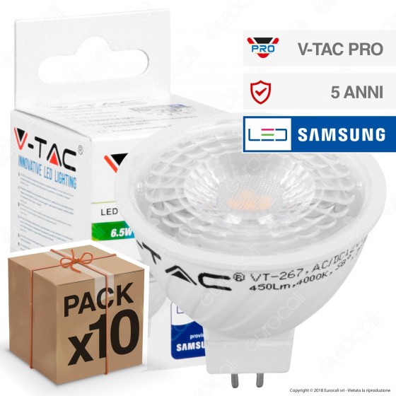 10 Lampadine LED V-Tac PRO VT-267 GU5.3 (MR16) 6,5W Faretto Spotlight Chip Samsung - Pack Risparmio 10 Lampadine LED V-Tac PRO VT-267 GU5.3 (MR16) 6,5W Faretto Spotlight Chip Samsung - Pack Risparmio