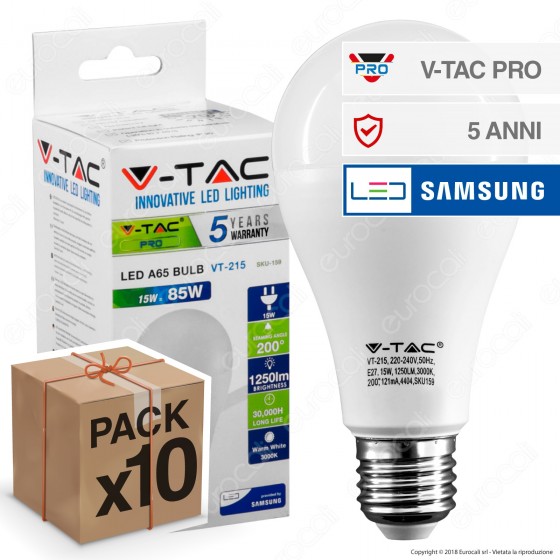 10 Lampadine LED V-Tac PRO VT-215 E27 15W Bulb A66 Chip Samsung - Pack Risparmio 10 Lampadine LED V-Tac PRO VT-215 E27 15W Bulb A66 Chip Samsung - Pack Risparmio