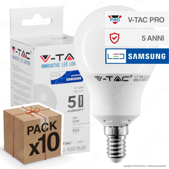10 Lampadine LED V-Tac PRO VT-269 E14 9W Bulb A60 Chip Samsung - Pack Risparmio 10 Lampadine LED V-Tac PRO VT-269 E14 9W Bulb A60 Chip Samsung - Pack Risparmio