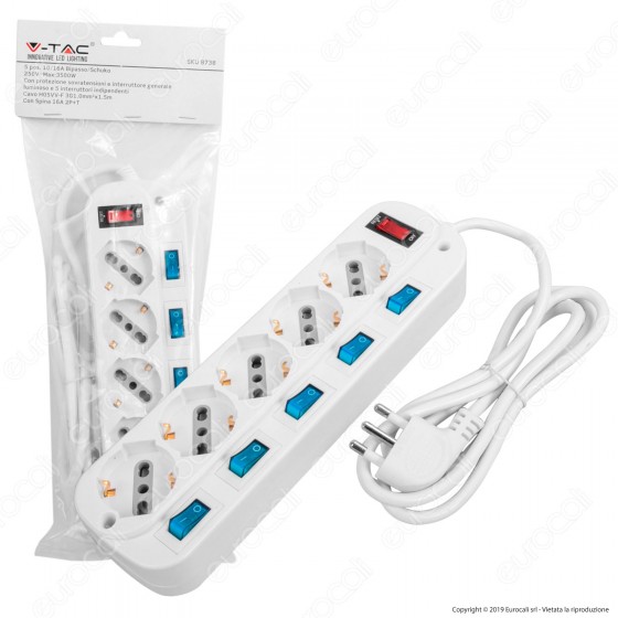 V-Tac Multipresa 5 Posti Colore Bianco con Interruttori Singoli e Generale e Protezione Ripristinabile - SKU 8738 V-Tac Multipresa 5 Posti Colore Bianco con Interruttori Singoli e Generale e Protezione Ripristinabile - SKU 8738