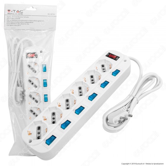 V-Tac Multipresa 6 Posti Colore Bianco con Interruttori Singoli e Generale e Protezione Ripristinabile - SKU 8739 V-Tac Multipresa 6 Posti Colore Bianco con Interruttori Singoli e Generale e Protezione Ripristinabile - SKU 8739