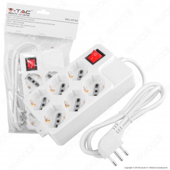 V-Tac Multipresa 6 Posti Colore Bianco con Interruttore Luminoso e Protezione Ripristinabile - SKU 8749