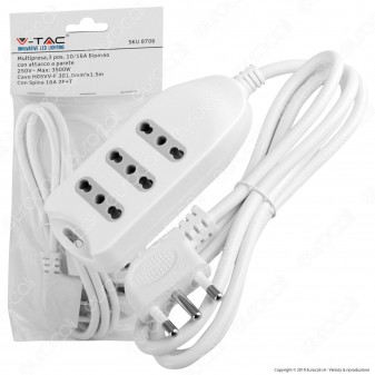 V-Tac Multipresa 3 Posti Colore Bianco con Attacco a Parete - SKU 8706