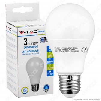 V-Tac VT-2011 Lampadina LED E27 9W Bulb A60 3 Step Dimmerabile - SKU 4447 / 4448 / 4449