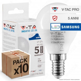 10 Lampadine V-Tac PRO VT-270 Lampadina LED E14 7W MiniGlobo P45 Chip Samsung - Pack Risparmio