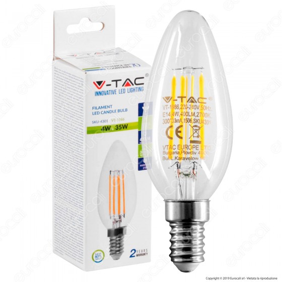 V-Tac VT-1986 Lampadina LED E14 4W Candela Filamento - SKU 4301 / 4413 / 4414 V-Tac VT-1986 Lampadina LED E14 4W Candela Filamento - SKU 4301 / 4413 / 4414