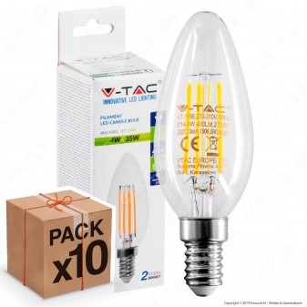 10 Lampadine LED V-Tac VT-1986 E14 4W Candela Filamento - Pack Risparmio