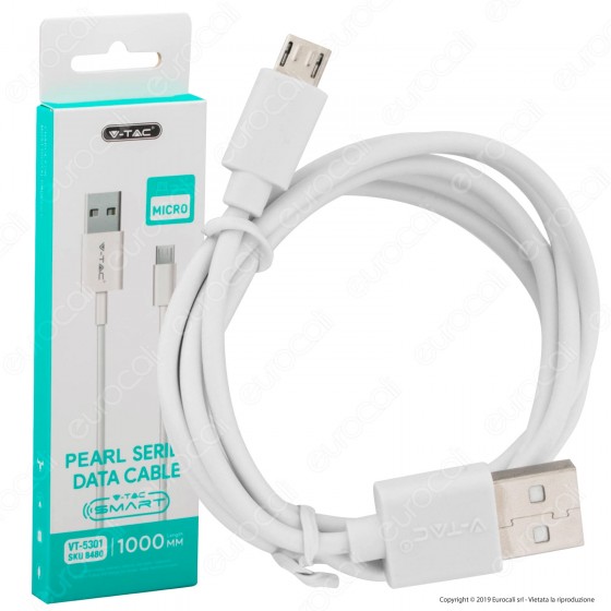 V-Tac VT-5301 Pearl Series USB Data Cable Micro USB Cavo Colore Bianco 1m - SKU 8480 V-Tac VT-5301 Pearl Series USB Data Cable Micro USB Cavo Colore Bianco 1m - SKU 8480