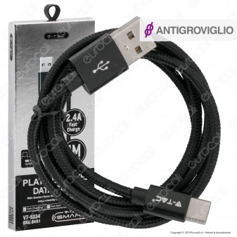 V-Tac VT-5334 Platinum Series USB Data Cable Type-C Cavo in Corda Colore Nero 1m - SKU 8491