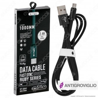 V-Tac VT-5341 Ruby Series USB Data Cable Micro USB Cavo in Corda Colore Nero 1m - SKU 8494