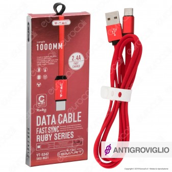 V-Tac VT-5341 Ruby Series USB Data Cable Type-C Cavo in Corda Colore Rosso 1m - SKU 8631