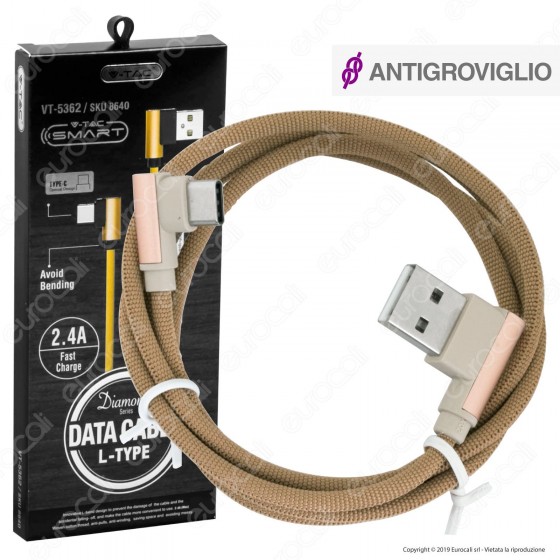 V-Tac VT-5362 Diamond Series USB Data Cable Type-C Cavo in Corda Colore Oro con Connettori a L 1m - SKU 8640 V-Tac VT-5362 Diamond Series USB Data Cable Type-C Cavo in Corda Colore Oro con Connettori a L 1m - SKU 8640