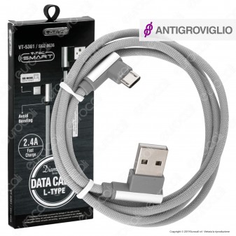 V-Tac VT-5361 Diamond Series USB Data Cable Micro USB Cavo in Corda Colore Grigio con Connettori a L 1m - SKU 8636