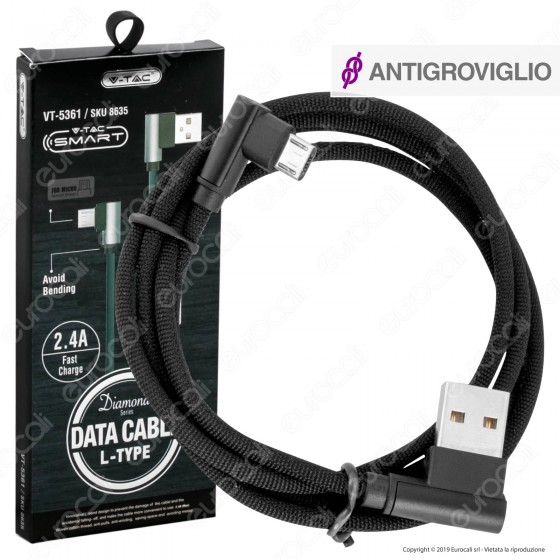 V-Tac VT-5361 Diamond Series USB Data Cable Micro USB Cavo in Corda Colore Nero con Connettori a L 1m - SKU 8635 V-Tac VT-5361 Diamond Series USB Data Cable Micro USB Cavo in Corda Colore Nero con Connettori a L 1m - SKU 8635