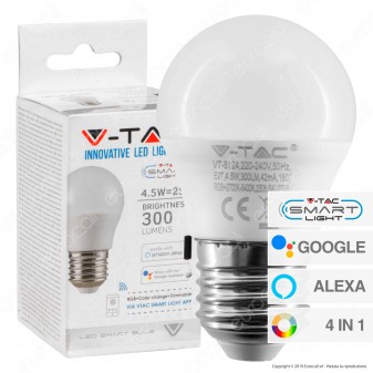 V-Tac Smart VT-5124 Lampadina LED Wi-Fi E27 4,5W MiniGlobo G45 RGB+W