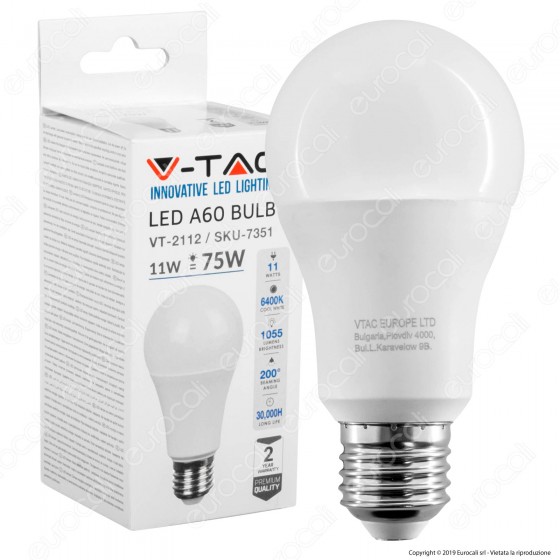 V-Tac VT-2112 Lampadina LED E27 11W Bulb A60 - SKU 7350 / 7349 / 7351 V-Tac VT-2112 Lampadina LED E27 11W Bulb A60 - SKU 7350 / 7349 / 7351