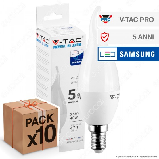 10 Lampadine LED V-Tac PRO VT-258 E14 5,5W Candela Fiamma Chip Samsung - Pack Risparmio