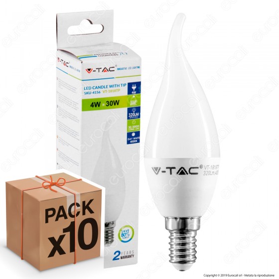 10 Lampadine LED V-Tac VT-1818TP E14 4W Candela Fiamma - Pack Risparmio 10 Lampadine LED V-Tac VT-1818TP E14 4W Candela Fiamma - Pack Risparmio