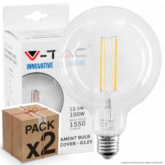 2 Lampadine LED V-Tac VT-2143 Filament E27 12,5W Globo G125 - Pack Risparmio