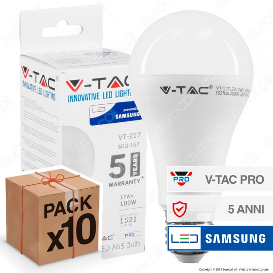 10 Lampadine LED V-Tac PRO VT-217 E27 17W Bulb A66 Chip Samsung - Pack Risparmio 10 Lampadine LED V-Tac PRO VT-217 E27 17W Bulb A66 Chip Samsung - Pack Risparmio