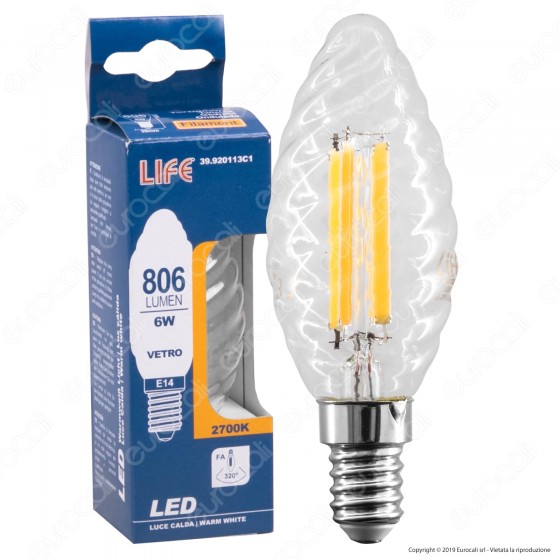 Life Lampadina LED Filamento E14 6W Candela Twist in Vetro Trasparente - mod. 39.920113C1 / 39.920113N Life Lampadina LED Filamento E14 6W Candela Twist in Vetro Trasparente - mod. 39.920113C1 / 39.920113N