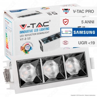 V-Tac PRO VT-2-12 Faretto LED SMD 12W da Incasso Rettangolare 38° CRI≥90 Chip Samsung - SKU 990 / 989 / 988