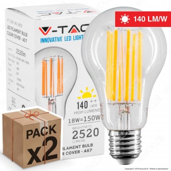 2 Lampadine LED V-Tac VT-2328 E27 18W Bulb A67 Filament - Pack Risparmio