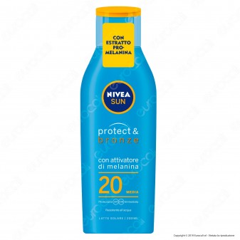 Nivea Sun Latte Solare Protect & Bronze Pro-Melanina Idratante Resistente all'Acqua FP 20 - Flacone da 200ml