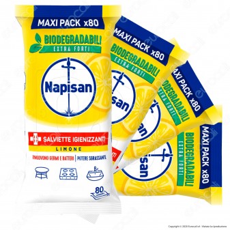 Kit Napisan Salviette Biodegradabili Limone Potere Sgrassante - 5 Confezioni da 80 Salviette