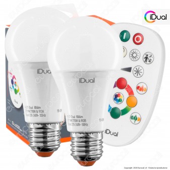 iDual Kit da 2 Lampadine LED E27 Bulb A60 Multifunzione RGB+W 9W con Telecomando - mod. JE002820200
