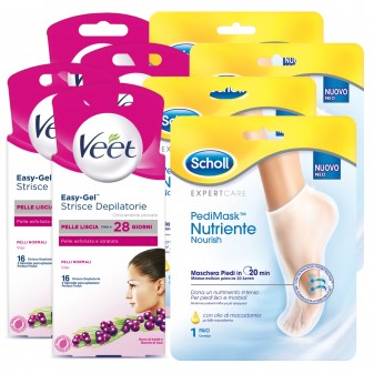 Kit Body Care: Veet Easy Gel Strisce Viso + Scholl Pedimask Olio di