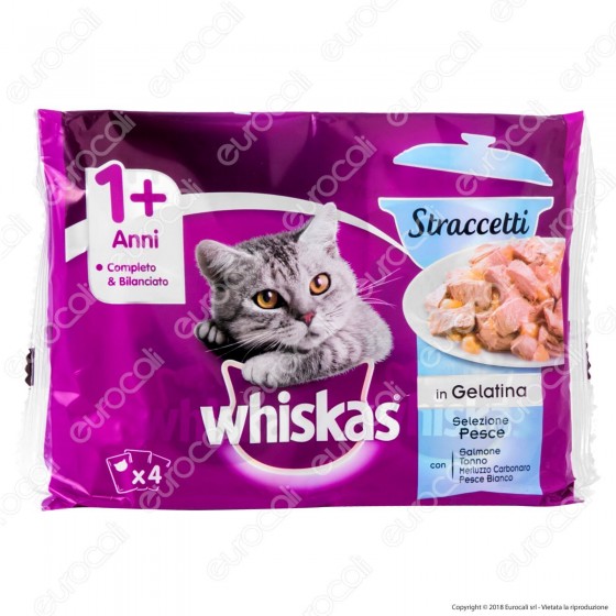 Whiskas Straccetti in Gelatina per Gatti di Salmone, Tonno, Merluzzo Carbonaro e Pesce Bianco - 4 Bustine da 85g Whiskas Straccetti in Gelatina per Gatti di Salmone, Tonno, Merluzzo Carbonaro e Pesce Bianco - 4 Bustine da 85g