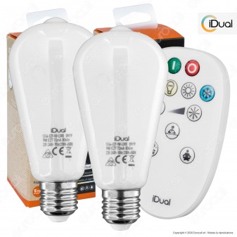 Kit iDual 2 Lampadine LED E27 Filament 9W Bulb ST64 Changing Color Dimmerabile in Vetro Bianco con Telecomando