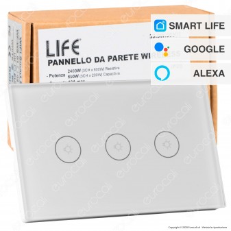 Life Pannello da Parete Smart 3 CH indipendenti Wi-Fi 2,4 GHZ 30 Metri - mod. 39.9WI50303