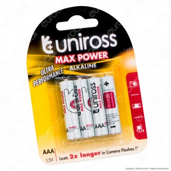 Uniross Pile Alcaline Max Power AAA / LR03 / Ministilo / Micro 1,5V - Blister da 4 Batterie