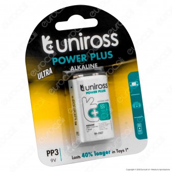 Uniross Pila Alcalina Power Plus PP3 / 6LR61 / Transistor / E-block 9V - Blister da 1 Batteria