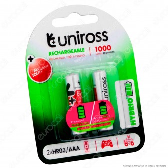 Uniross Pile Ricaricabili Hybrio AAA/HR03 Ni-MH 1,2V 900mAh - Blister da 2 Batterie