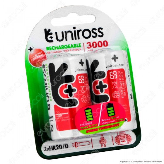 Uniross Pile Ricaricabili Hybrio D / HR20 Ni-MH 1,2V 2900mAh - Uniross Pile Ricaricabili Hybrio D / HR20 Ni-MH 1,2V 2900mAh -