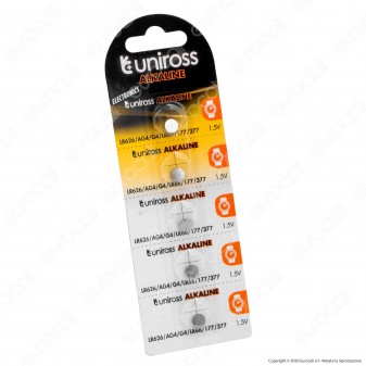 Uniross Pile Alcaline a Bottone LR626 / AG4 / G4 / LR66 / 177 / 377 1,5V - Blister da 5 Batterie