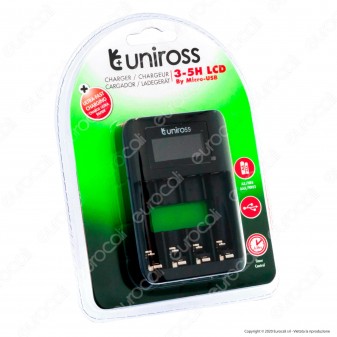 Uniross Caricabatterie Ultra Fast Rapido per Batterie Ricaricabili AA / HR6 - AAA / HR03 e Cavo Micro USB