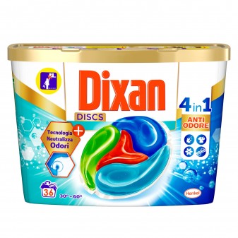 Dixan Discs Azione Anti Odore 4in1 Detersivo per Lavatrice - Confezione da 36 Capsule