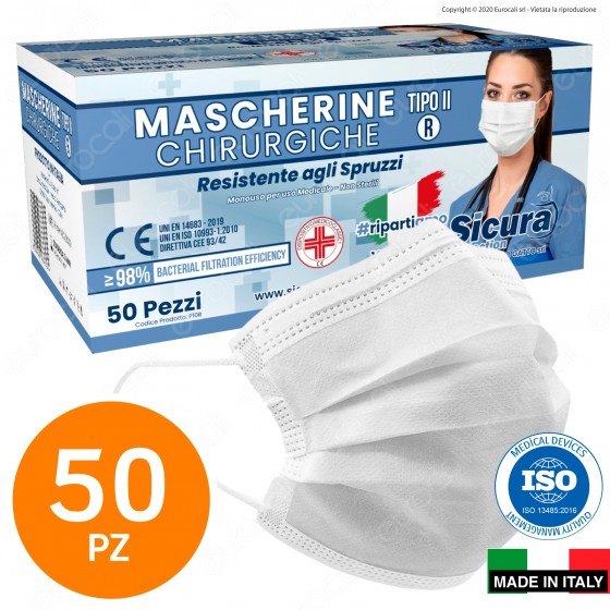 Sicura Protection 50 Mascherine Chirurgiche Monouso Filtranti Tipo II R in TNT Bianco