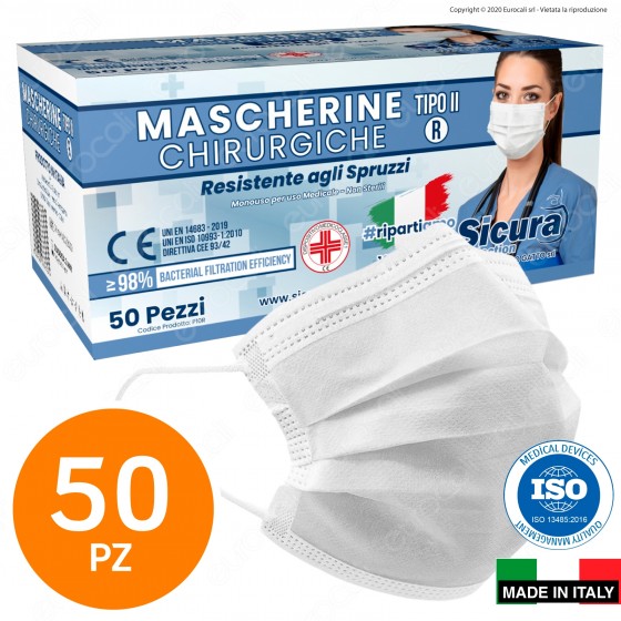 Sicura Protection 50 Mascherine Chirurgiche Monouso Filtranti Tipo II R in TNT Bianco Sicura Protection 50 Mascherine Chirurgiche Monouso Filtranti Tipo II R in TNT Bianco