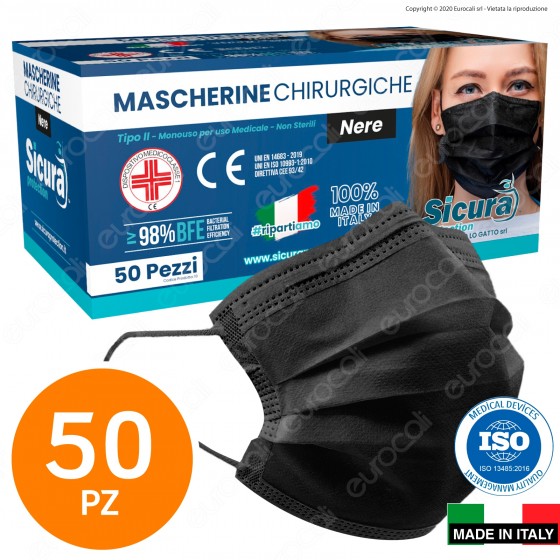 Sicura Protection 50 Mascherine Chirurgiche Monouso Filtranti Tipo II R in TNT Nero Sicura Protection 50 Mascherine Chirurgiche Monouso Filtranti Tipo II R in TNT Nero