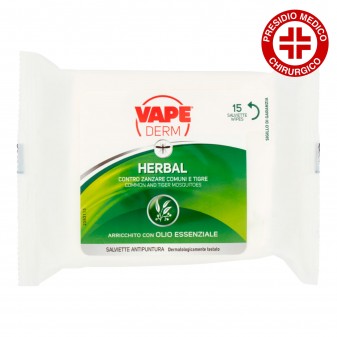 Vape Derm Herbal Salviette Antizanzare Corpo Citronella Eucalipto - Confezione da 15 Salviette