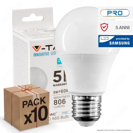 10 Lampadine LED V-Tac PRO VT-210 E27 9W Bulb A60 Chip Samsung - Pack Risparmio 10 Lampadine LED V-Tac PRO VT-210 E27 9W Bulb A60 Chip Samsung - Pack Risparmio