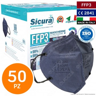 Sicura Protection 50 Mascherine Protettive Colore Blu Elastici Neri Filtranti Monouso Classe Protezione FFP3 TNT Multistrato