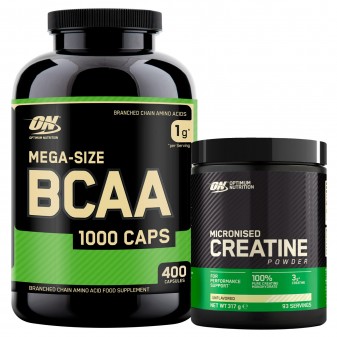Optimum Nutrition Aminoacidi e Creatina Mega-Size BCAA 1000 Caps 400 Capsule e Micronised Creatine i Polvere 317g