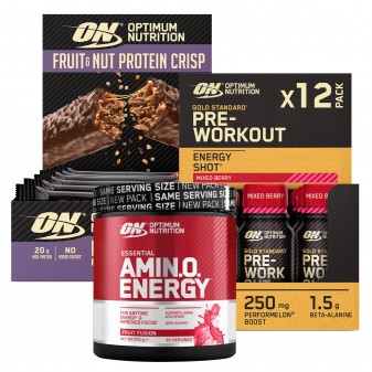 Optimum Nutrition Essential Amino Energy 270g Pre-Workout Energy Shot 12 Monoporzioni Fruit Nut Protein Crisp 10 Barrette